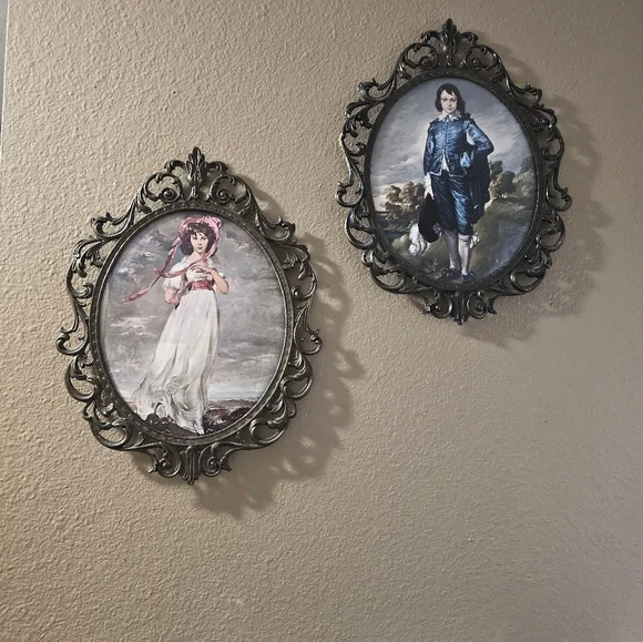 Vintage Victorian Pinky and Blue Boy Painting Prints Concave Glass Brass Frame